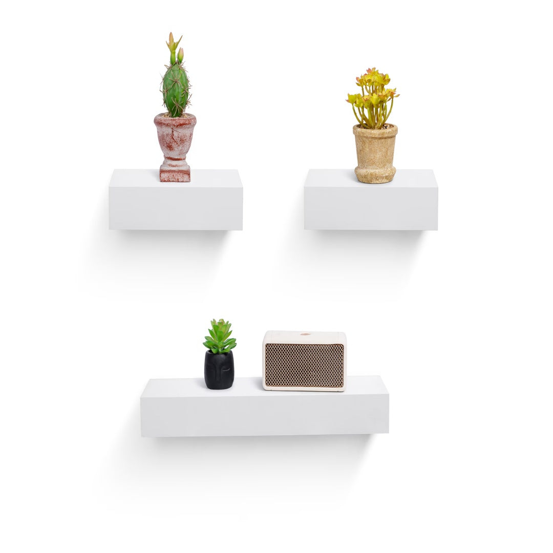 18" Floating Wall Shelf, Wood – White — room view angled