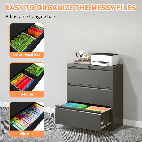 3-Drawer Lateral File Cabinet with Lock, Metal – Black — features