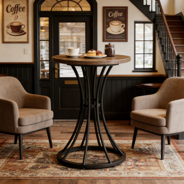 Round Bar Table for 2, Metal Frame – Brown — room view angled