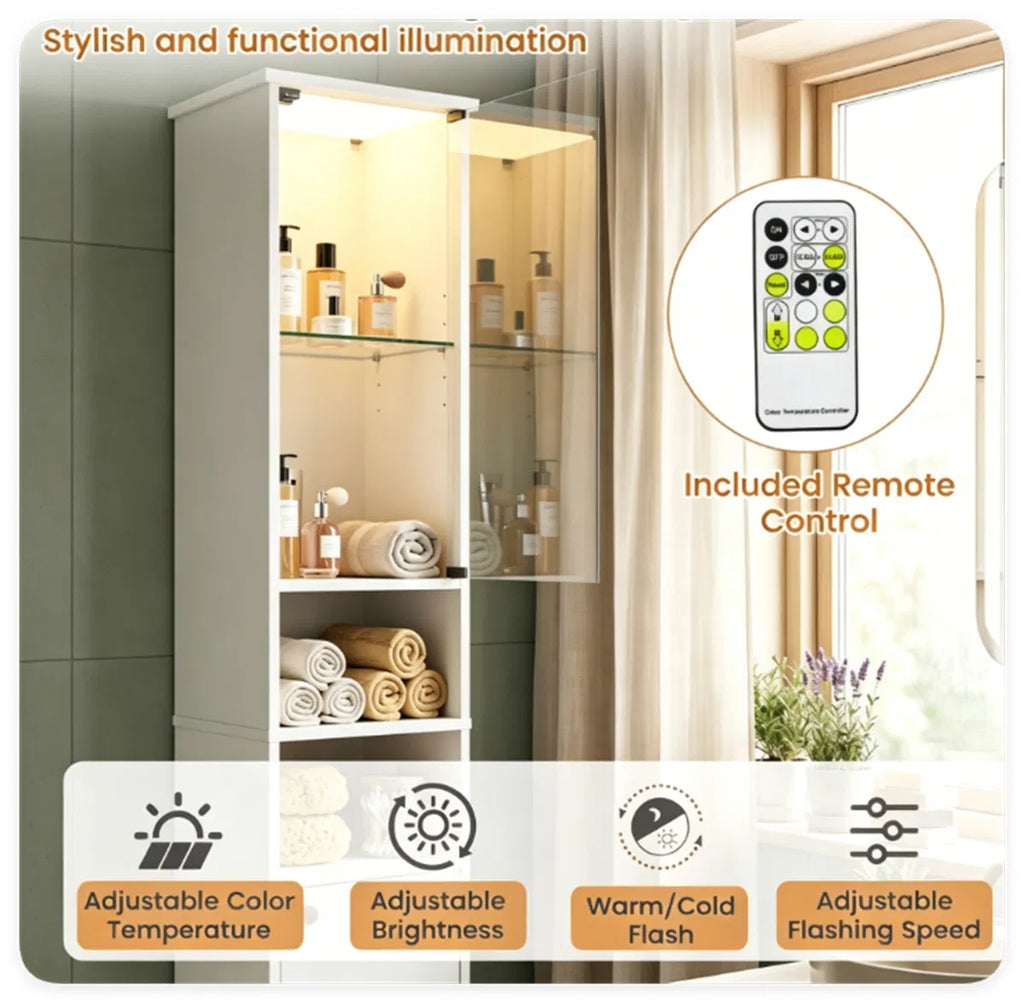 Narrow Bathroom Storage Cabinet with LED Light – White — features
