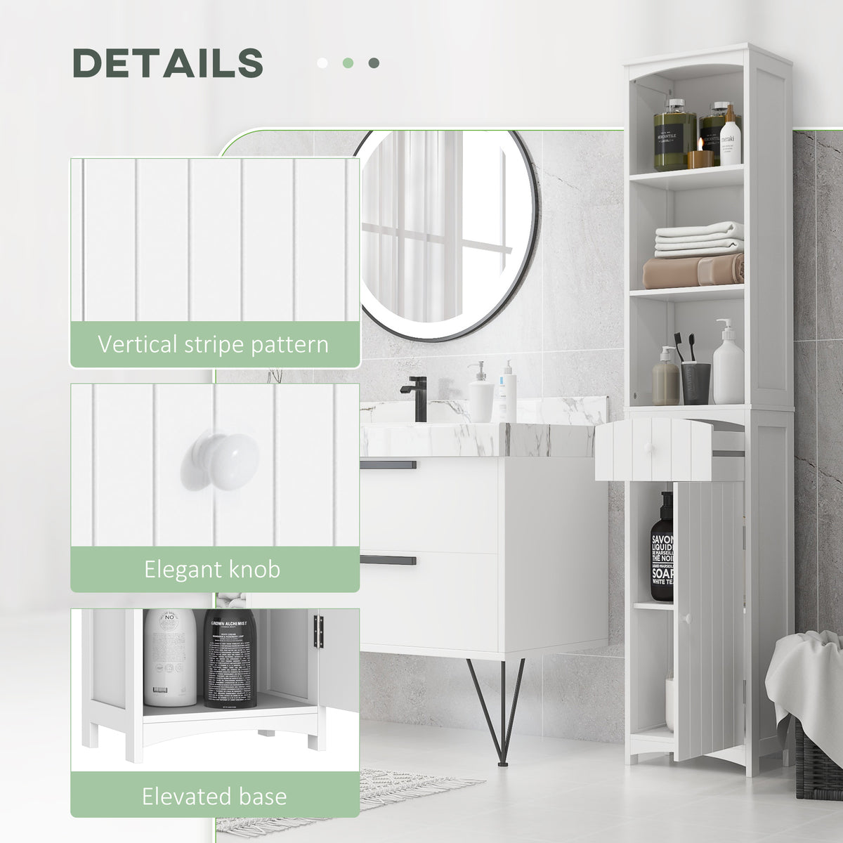Tall Linen Tower Cabinet with Drawer – White — features
