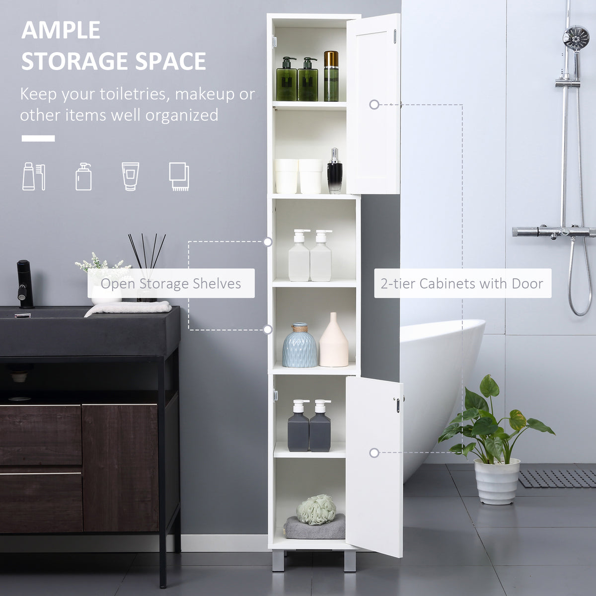 Tall Bathroom Storage Cabinet with Mirror – White — features
