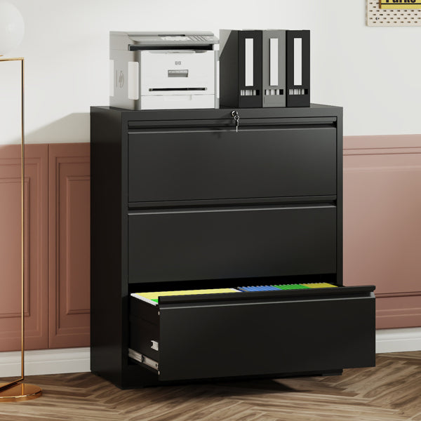3-Drawer Lateral File Cabinet with Lock, Metal – Black — detail