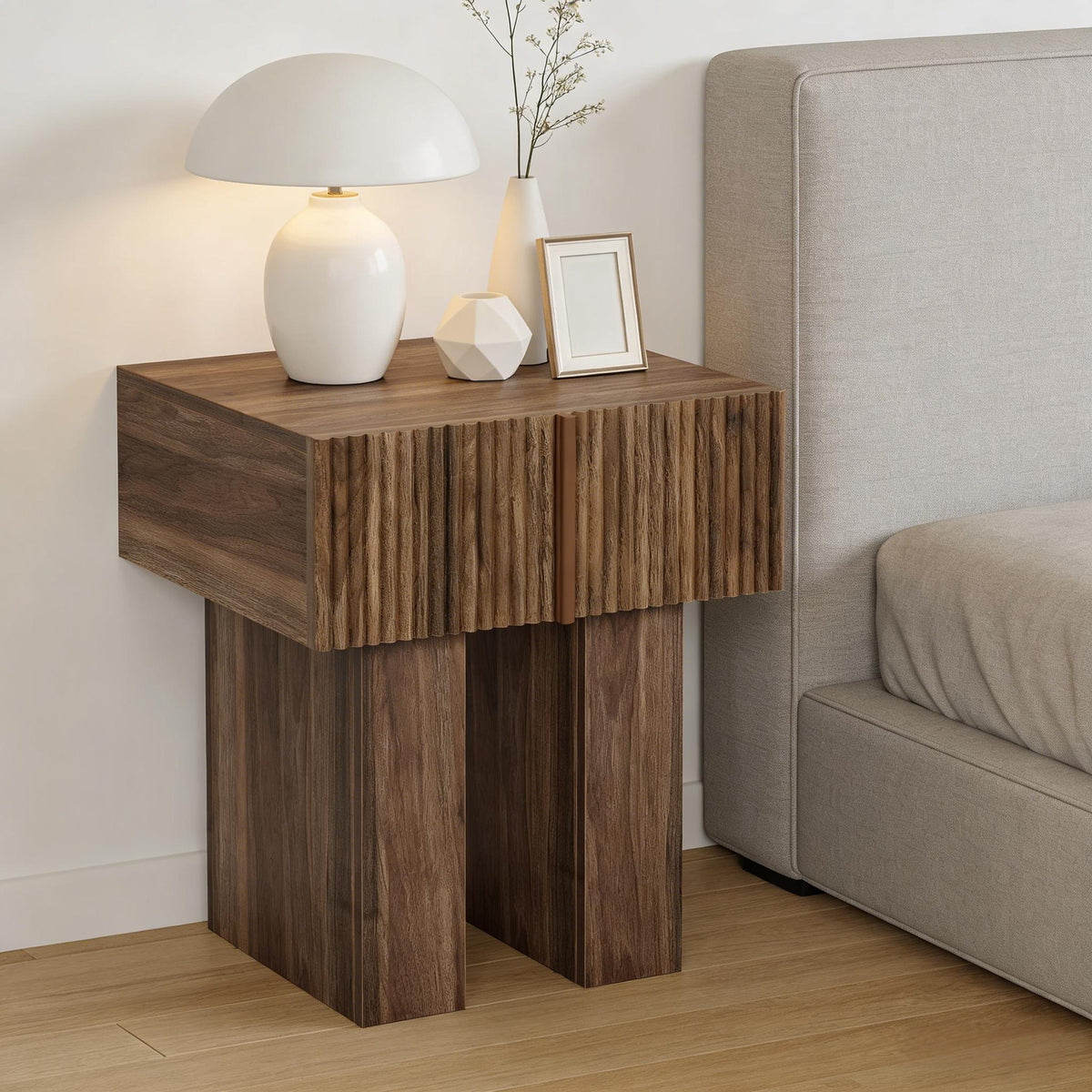 Storage Nightstand, Bedside Table – Rustic Brown — room view angled