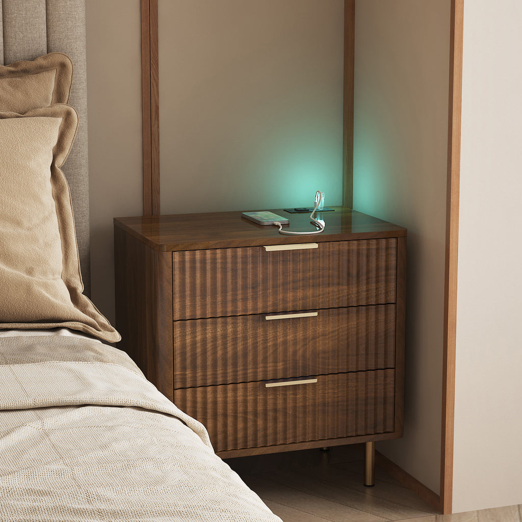 Nightstand with Charging Station & Night Light – Wood — room view
