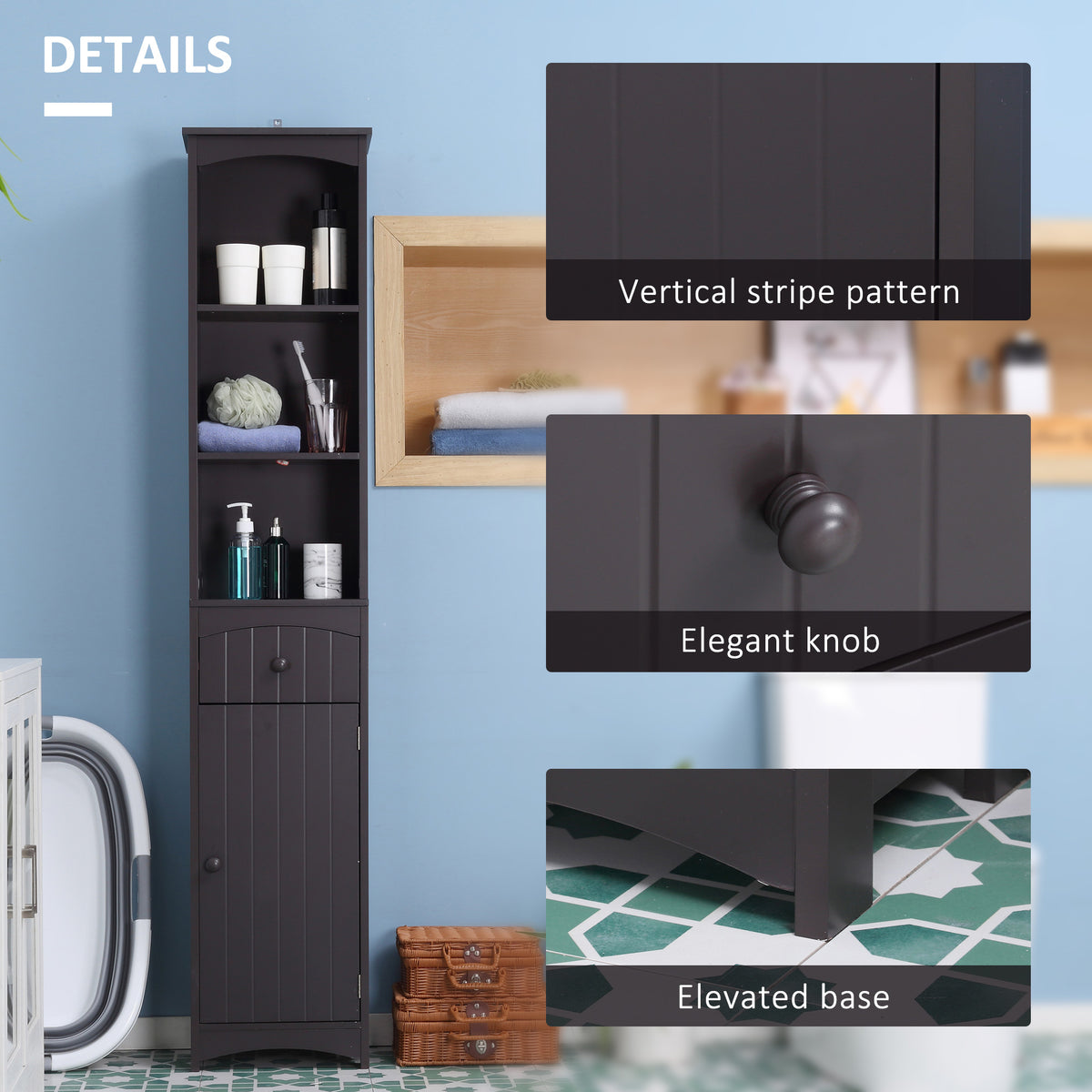 Narrow Bathroom Linen Tower with Cabinet – Brown — features