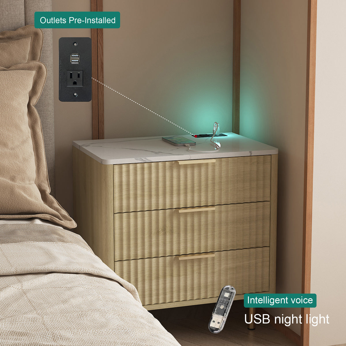 Nightstand with Charging Station & Night Light – Wood — features