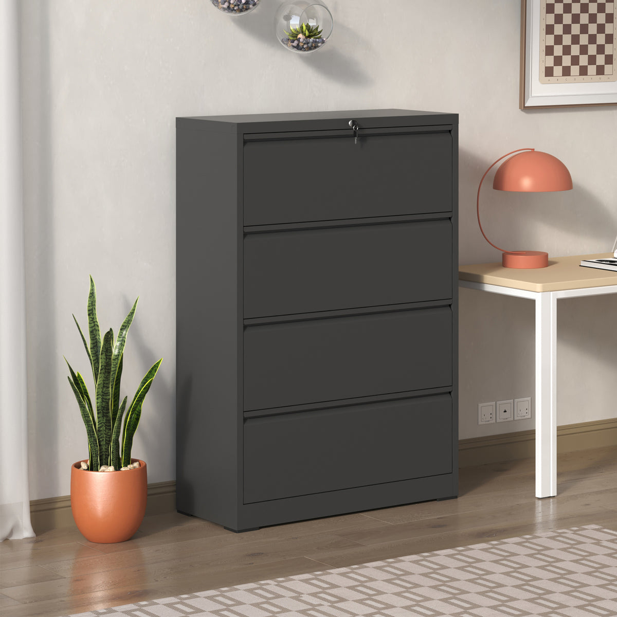 4-Drawer Lateral File Cabinet with Lock – Black — room view angled