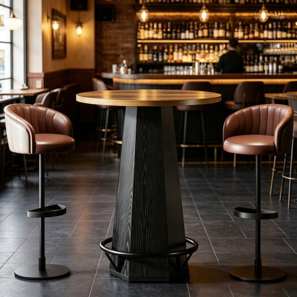 Round Bar Table, 31" Hexagonal Base – Black/Brown — room view angled