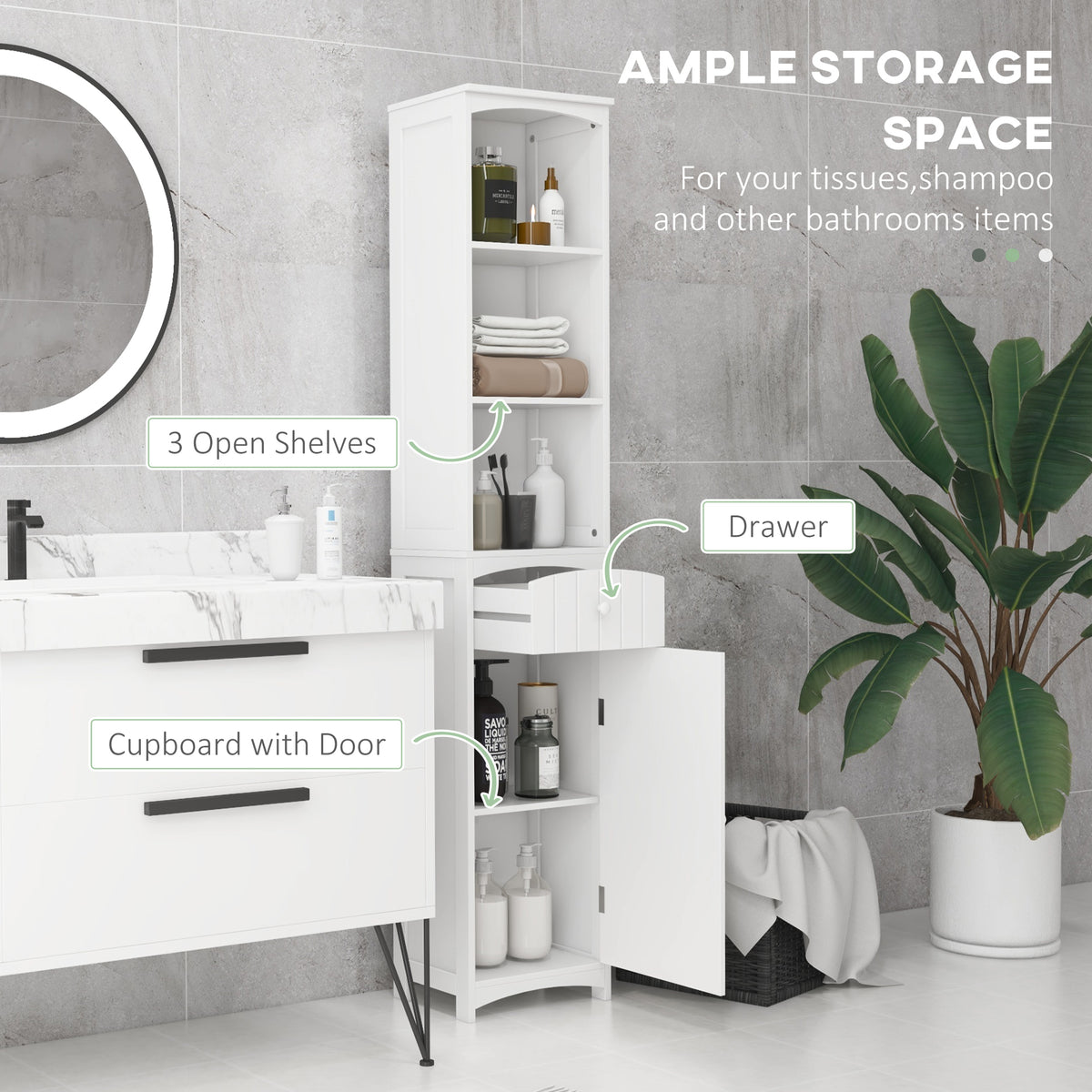 Tall Linen Tower Cabinet with Drawer – White — features