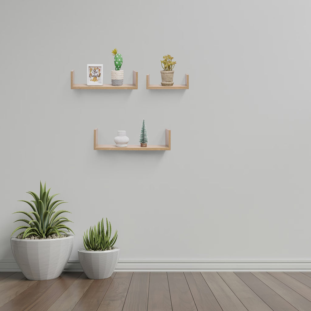14" Floating Wall Shelf, Wood – Golden — room view angled