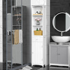 Tall Linen Tower Cabinet with Drawer – White — room view angled