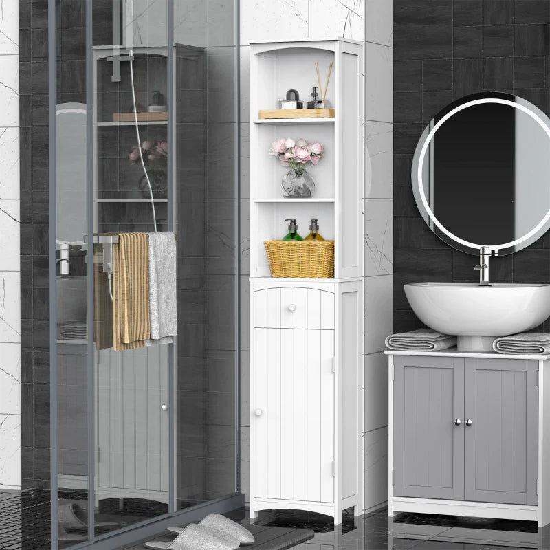 Tall Linen Tower Cabinet with Drawer – White — room view angled