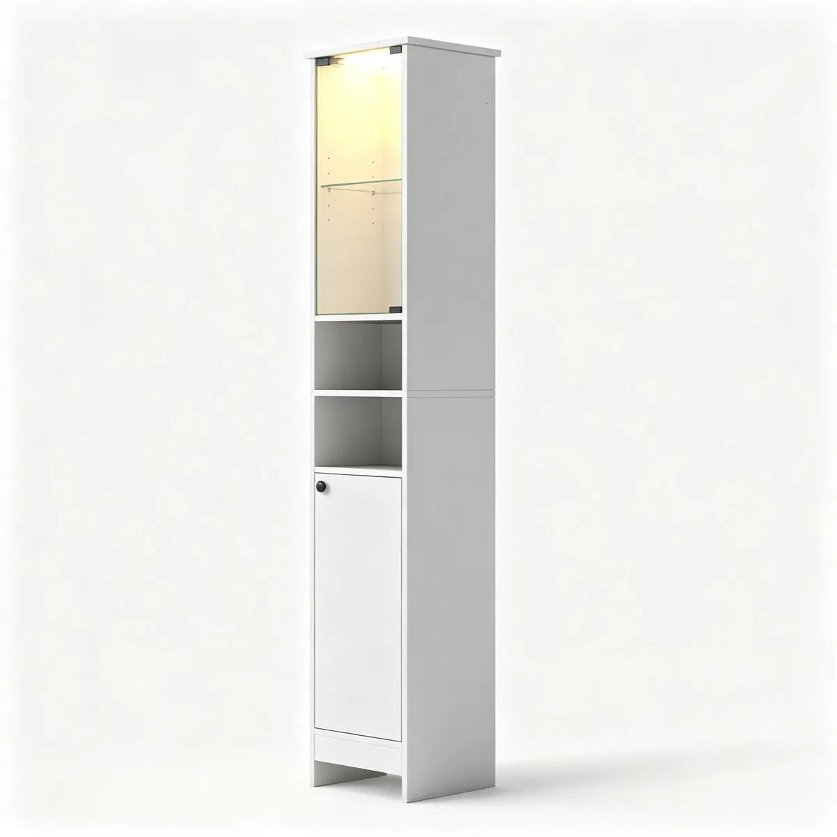 Narrow Bathroom Storage Cabinet with LED Light – White — product photo angled