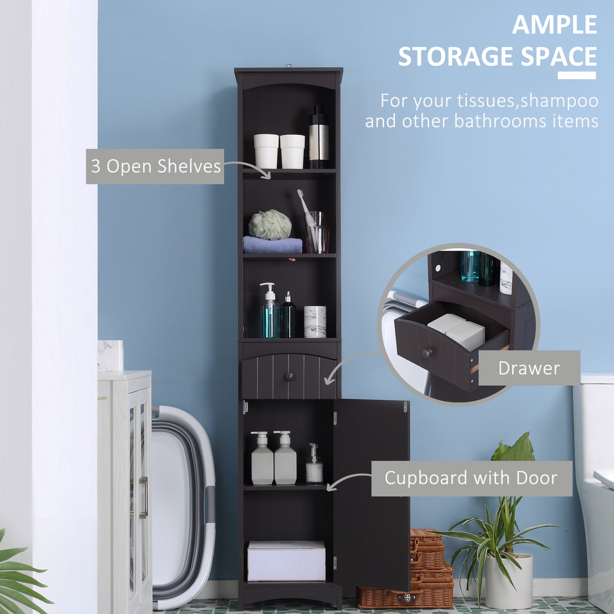 Narrow Bathroom Linen Tower with Cabinet – Brown — features