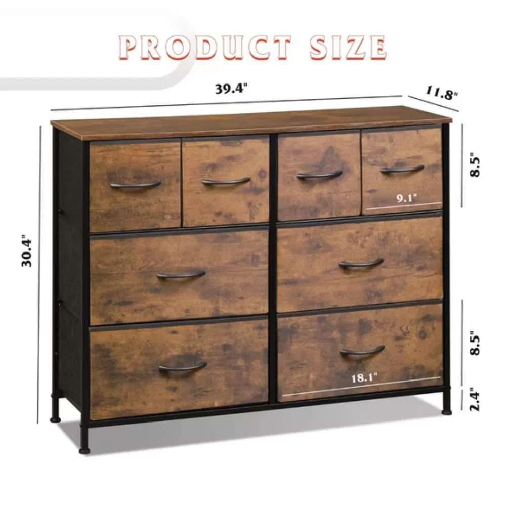 8-Drawer Fabric Dresser with Wood Top, Wide – Rust Brown — dimensions