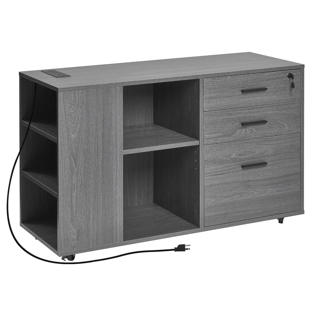 3-Drawer Mobile Wood File Cabinet with Power Strip – Gray — product photo