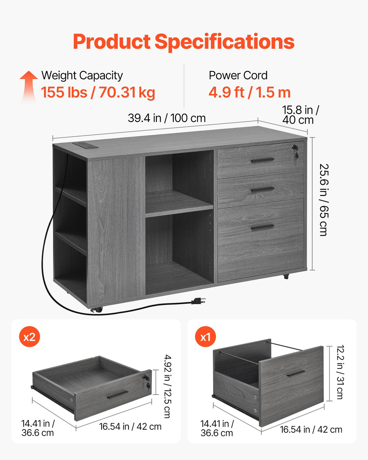 3-Drawer Mobile Wood File Cabinet with Power Strip – Gray — features