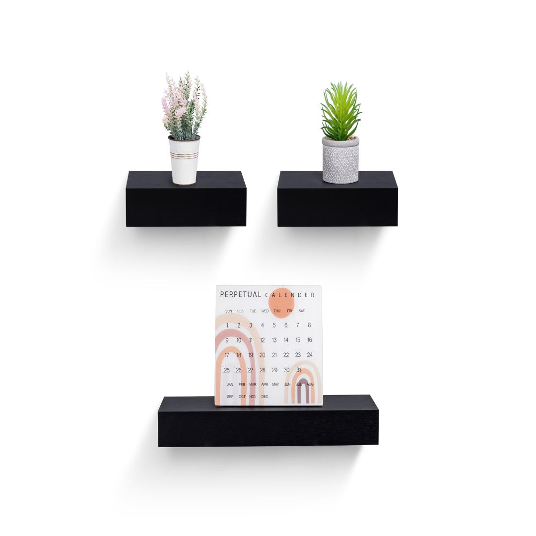 18" Floating Wall Shelf, Wood – Black — room view angled
