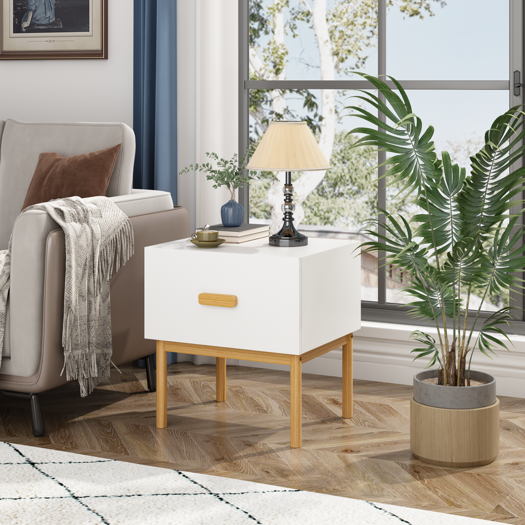 1-Drawer Nightstand with Wood Legs, Minimalist – White — room view angled