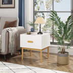 1-Drawer Nightstand with Wood Legs, Minimalist – White — room view angled