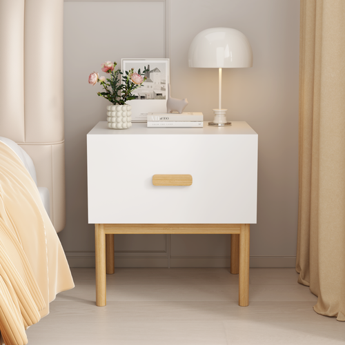 1-Drawer Nightstand with Wood Legs, Minimalist – White — room view