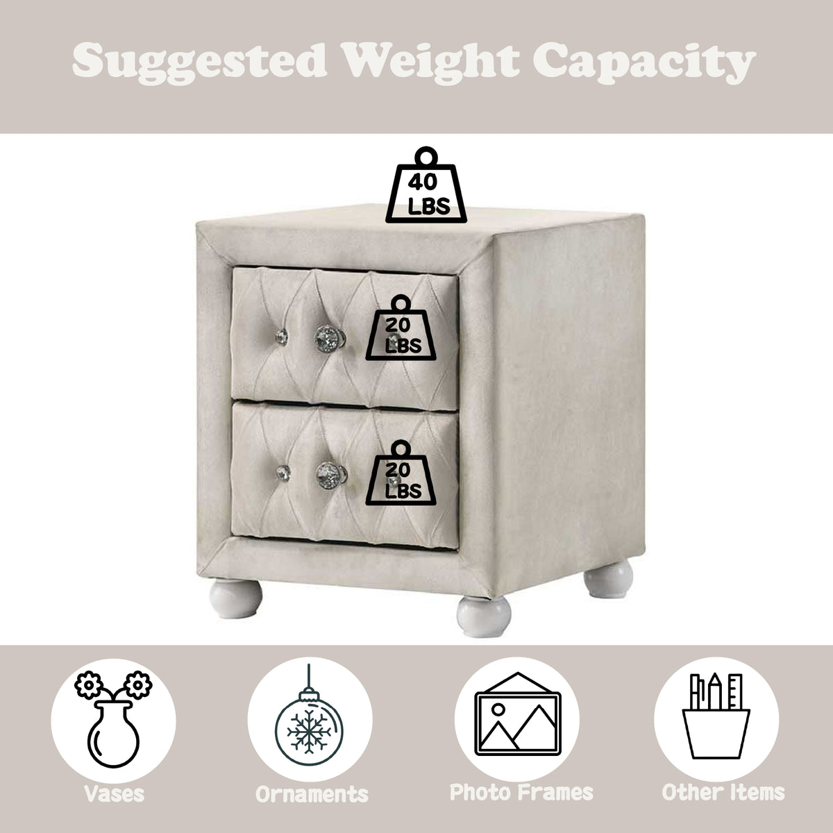Upholstered Fabric Nightstand, Square – Beige — features