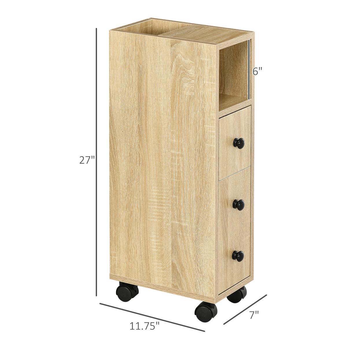 Compact Rolling Storage Cabinet with Drawer – Oak — dimensions