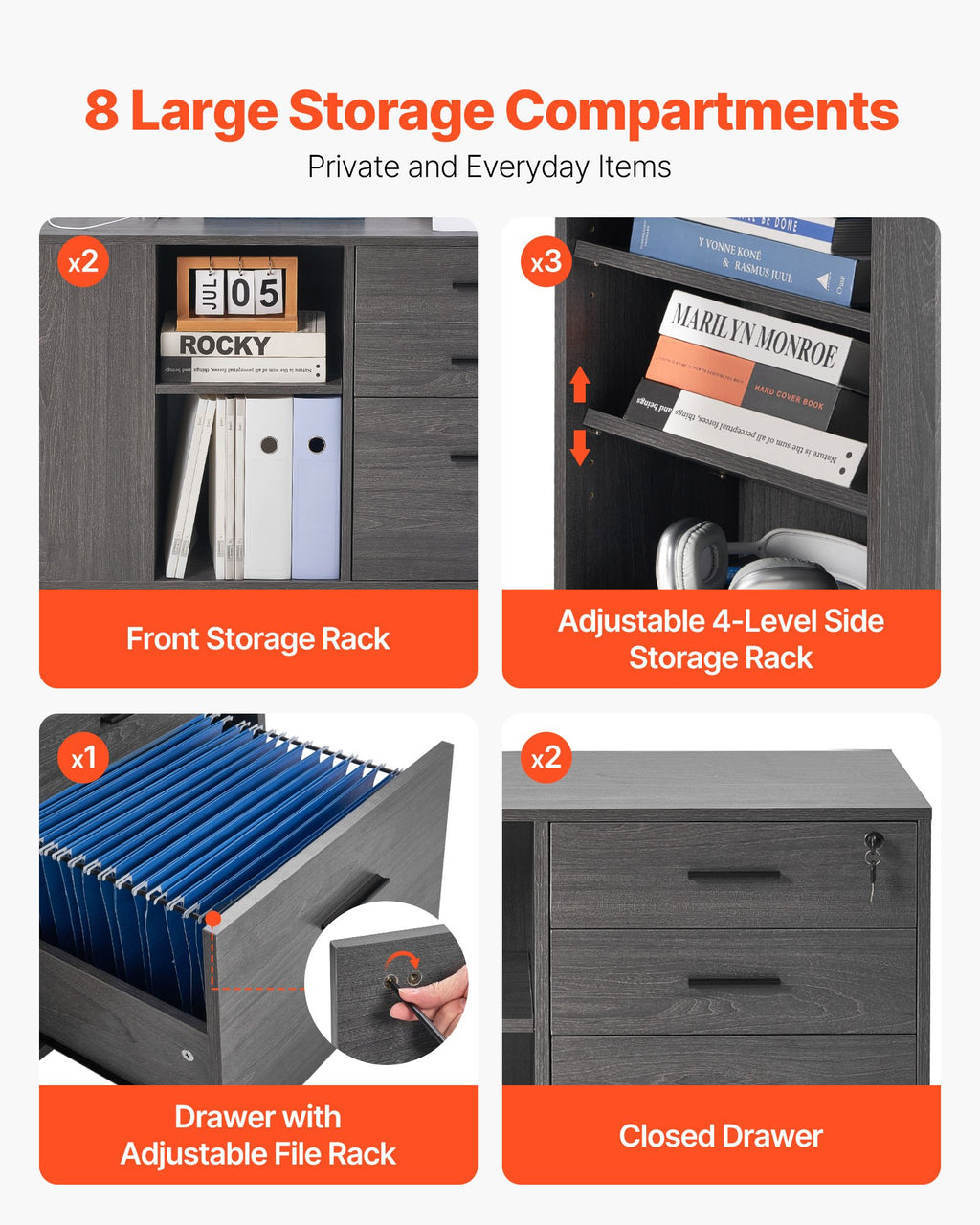 3-Drawer Mobile Wood File Cabinet with Power Strip – Gray — features