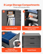 3-Drawer Mobile Wood File Cabinet with Power Strip – Gray — features