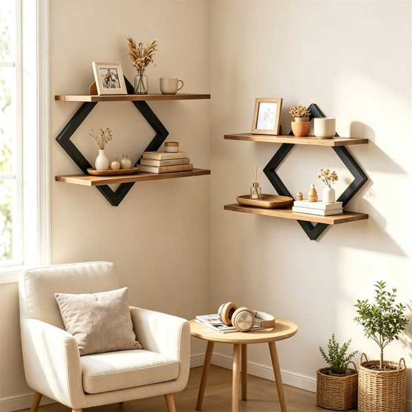 2-Tier Floating Wall Shelves Set of 2, Diamond Frame – Black/Brown — room view angled