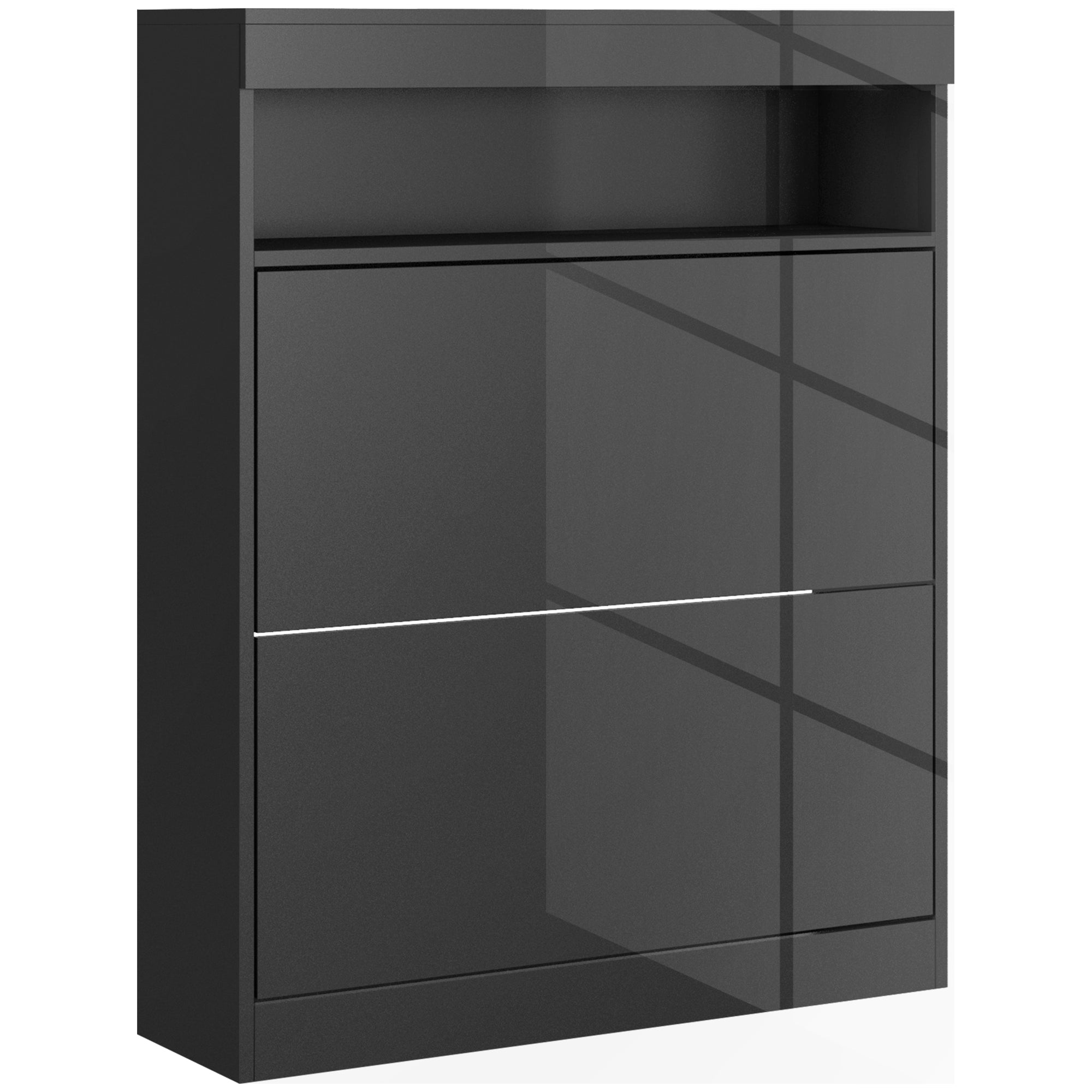 16 Shoe Pair Storage Cabinet, With Flip Doors - High Gloss Black