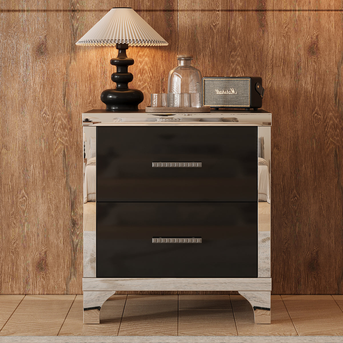 2-Drawer Mirrored Nightstand, High-Gloss – Black — product photo