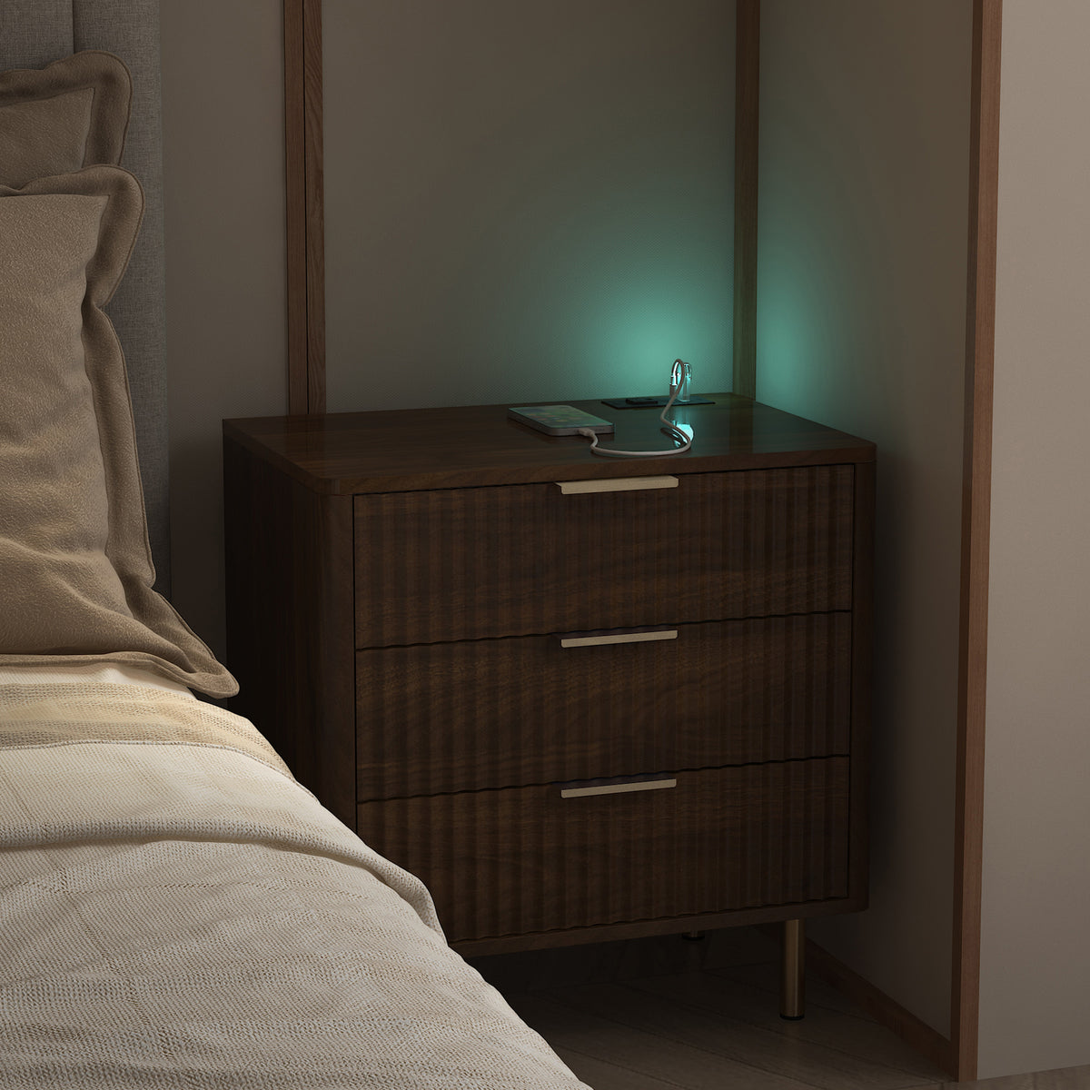 Nightstand with Charging Station & Night Light – Wood — room view wide