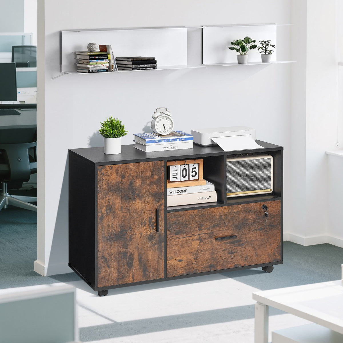 Mobile Wood File Cabinet with Open Shelves – Rustic Brown — room view angled