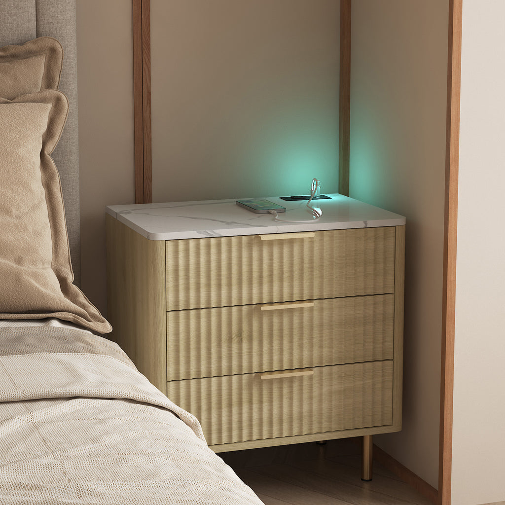 Nightstand with Charging Station & Night Light – Wood — room view