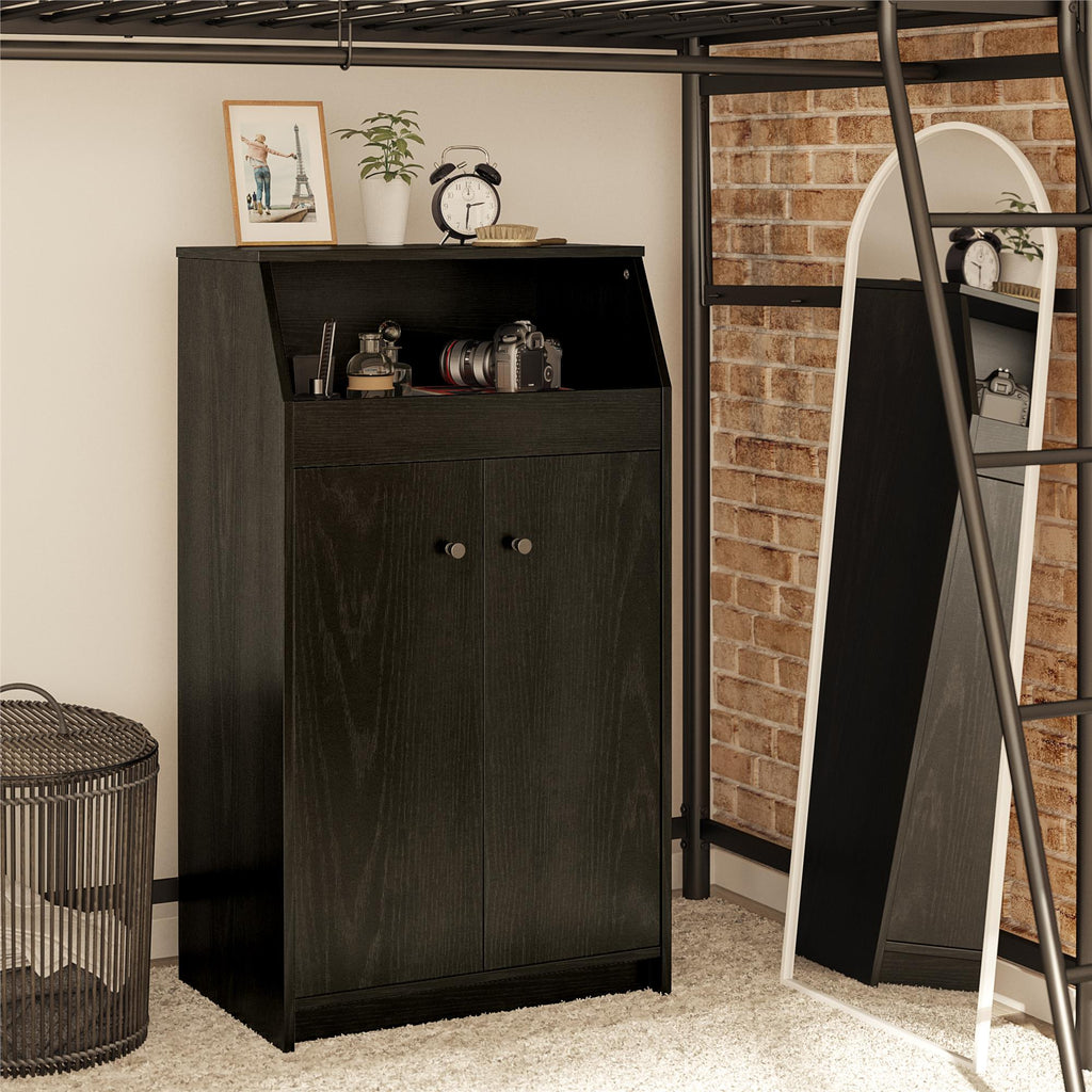 2-Door Storage Tower with Shelves – Black — room view angled