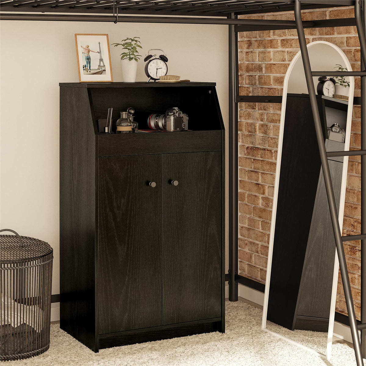 2-Door Storage Tower with Shelves – Black — room view angled