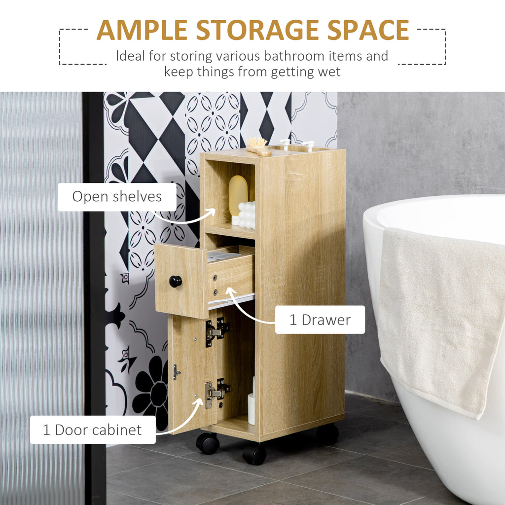 Compact Rolling Storage Cabinet with Drawer – Oak — features