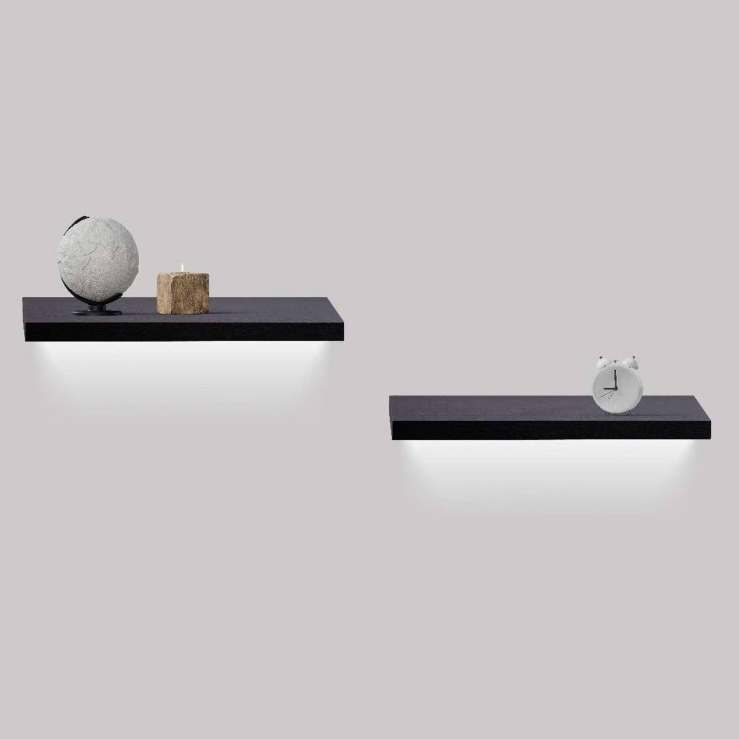 18" Floating Wall Shelf with LED Light – Black — room view angled