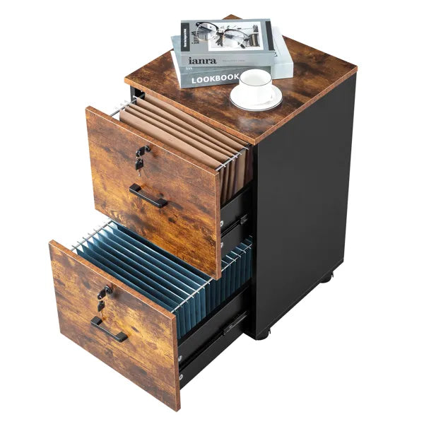 2-Drawer Rolling File Cabinet with Lock – Brown/Black — detail