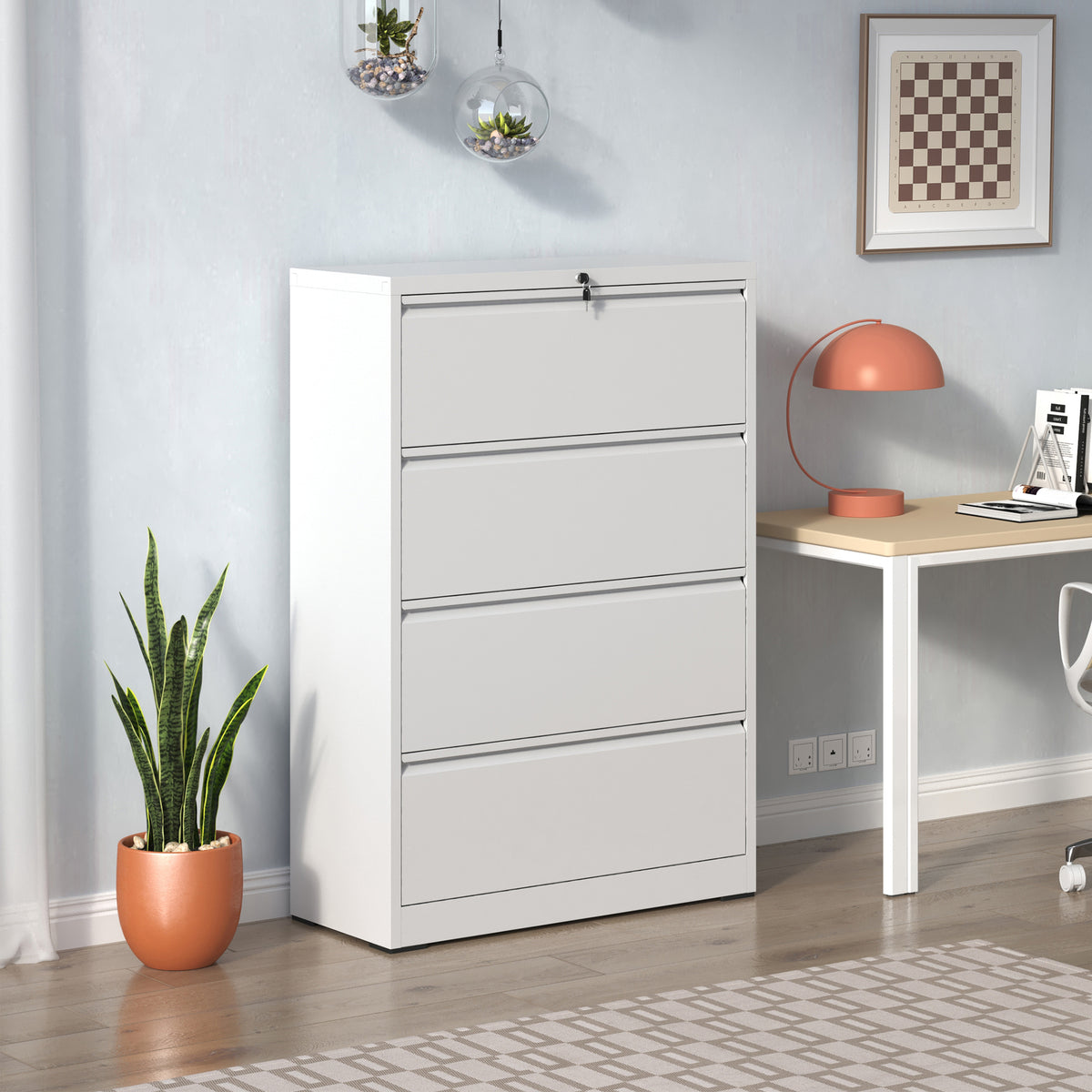4-Drawer Lateral File Cabinet with Lock – White — room view angled