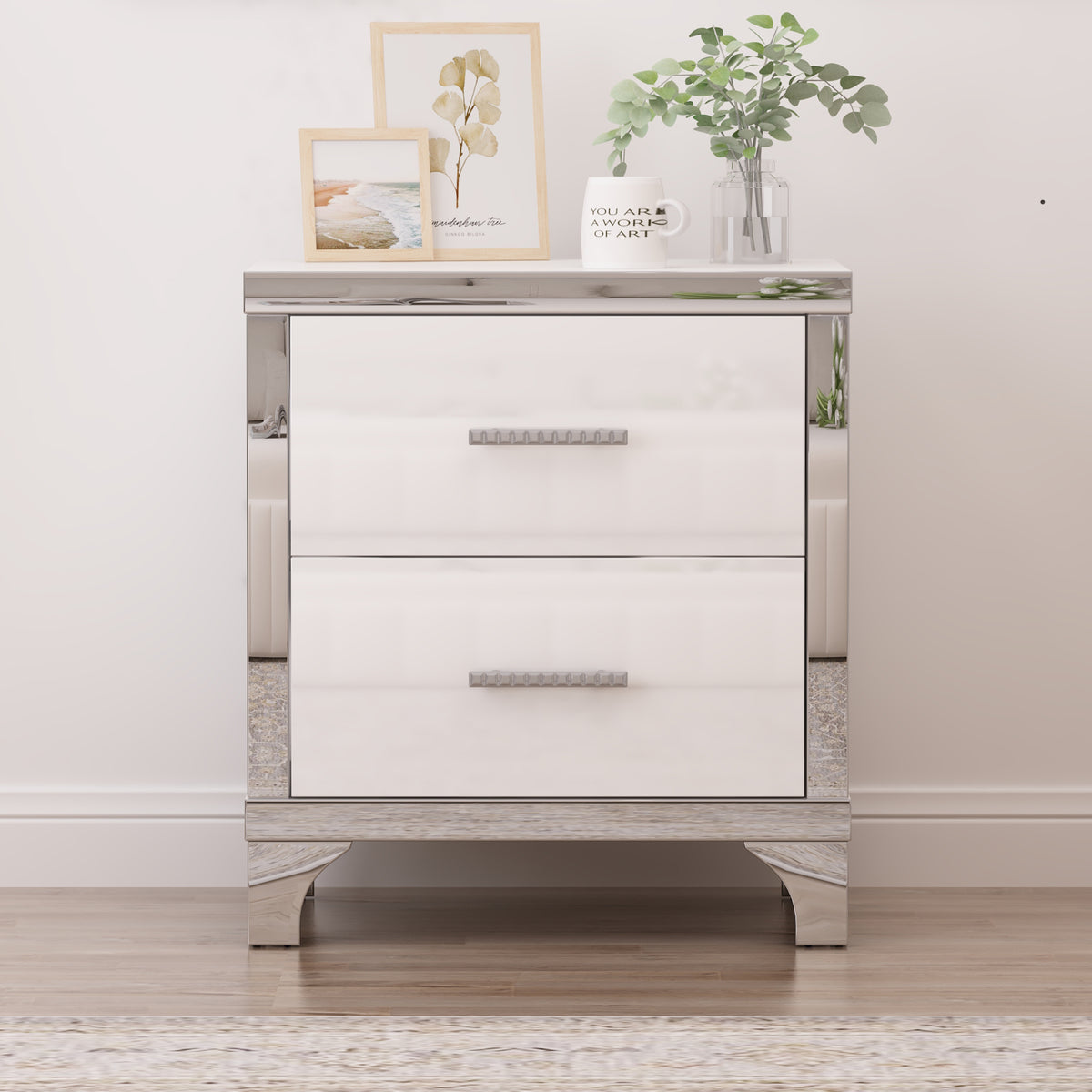 2-Drawer Mirrored Nightstand, High-Gloss – White — product photo