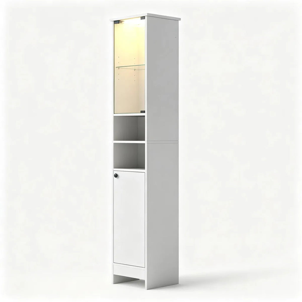 Narrow Bathroom Storage Cabinet with LED Light – White — product photo