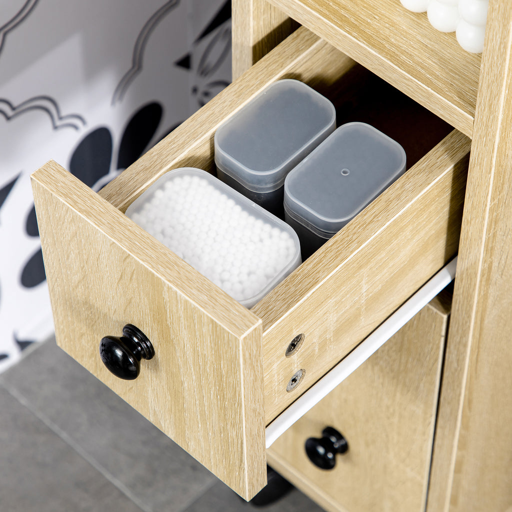Compact Rolling Storage Cabinet with Drawer – Oak — detail