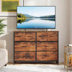 8-Drawer Fabric Dresser with Wood Top, Wide – Rust Brown — room view angled