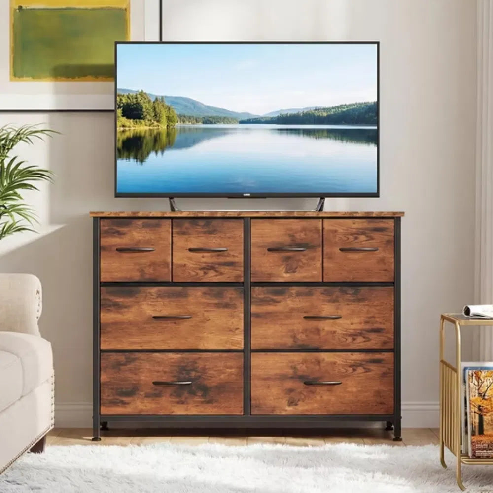 8-Drawer Fabric Dresser with Wood Top, Wide – Rust Brown — room view angled