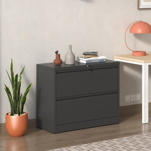 2-Drawer Lateral File Cabinet with Lock, Steel – Black — room view angled