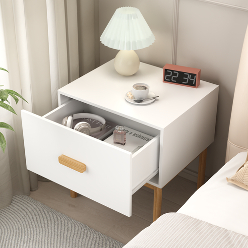 1-Drawer Nightstand with Wood Legs, Minimalist – White — room view