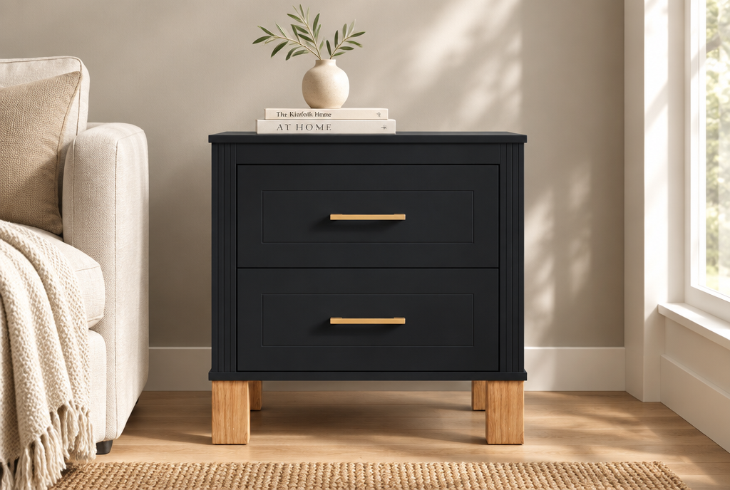 Fluted black nightstand styled in a modern room, front view